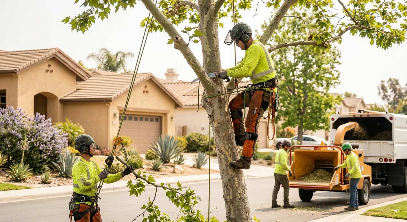 Arborist making a clean lateral cut on a mature tree canopy in Camarillo
