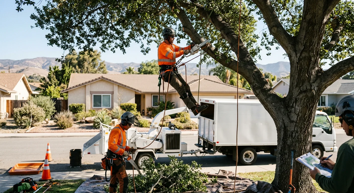 Arborist inspecting an overgrown canopy before tree trimming on a Camarillo property