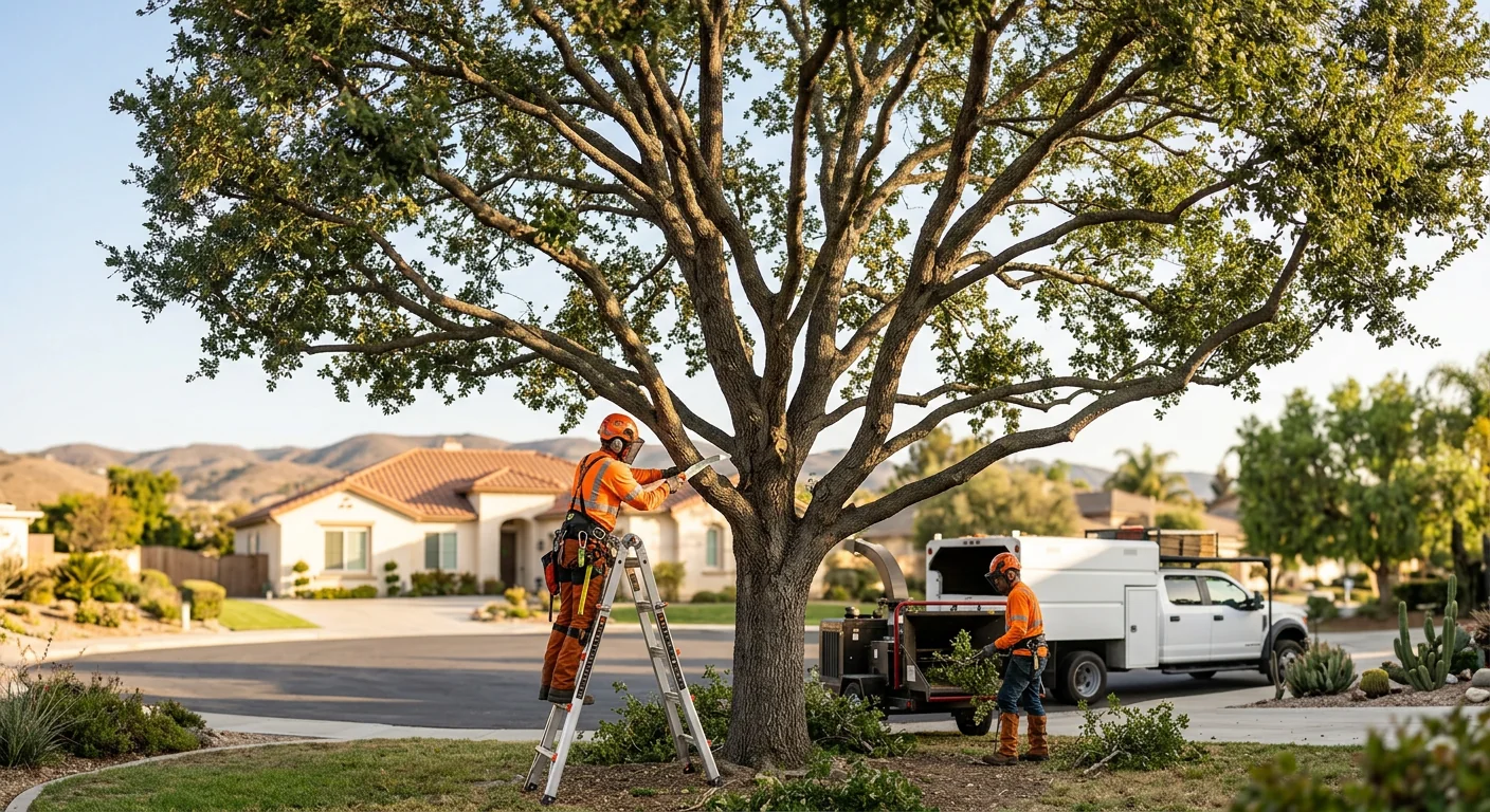 Wide shot of a balanced oak canopy after crown thinning on a Camarillo lot