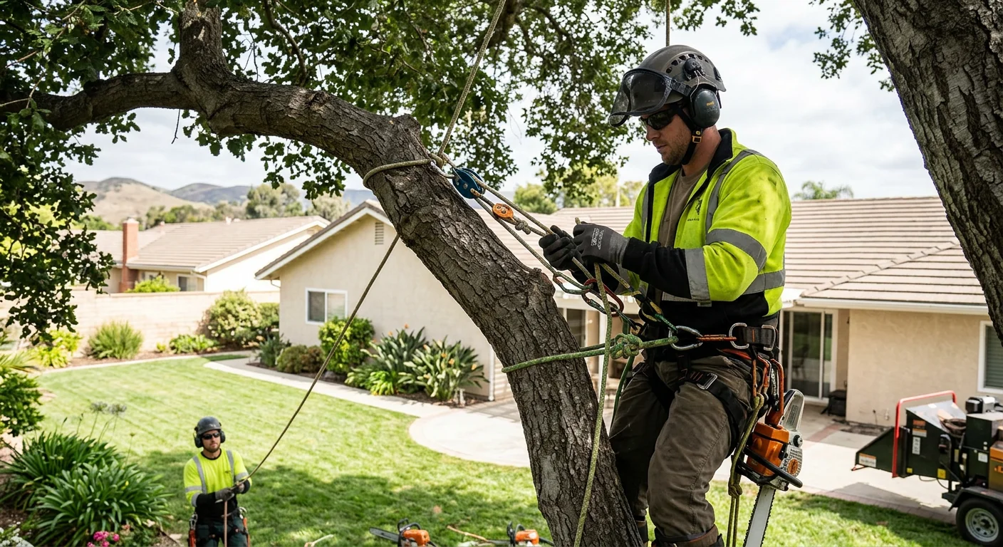 Arborist rigging a limb for controlled lowering over a Camarillo backyard