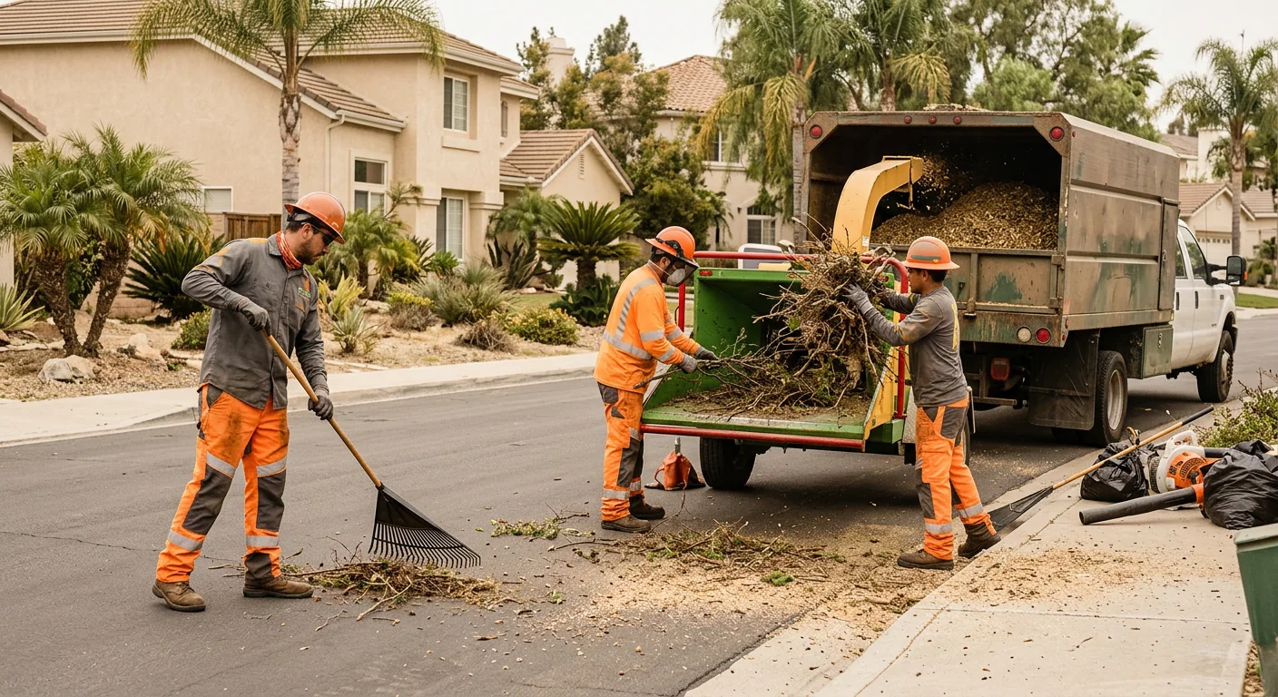 Crew clearing chipped brush and debris after tree trimming service