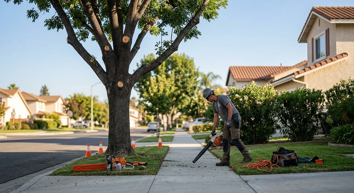 Finished crown reduction on a mature street tree along a Camarillo sidewalk