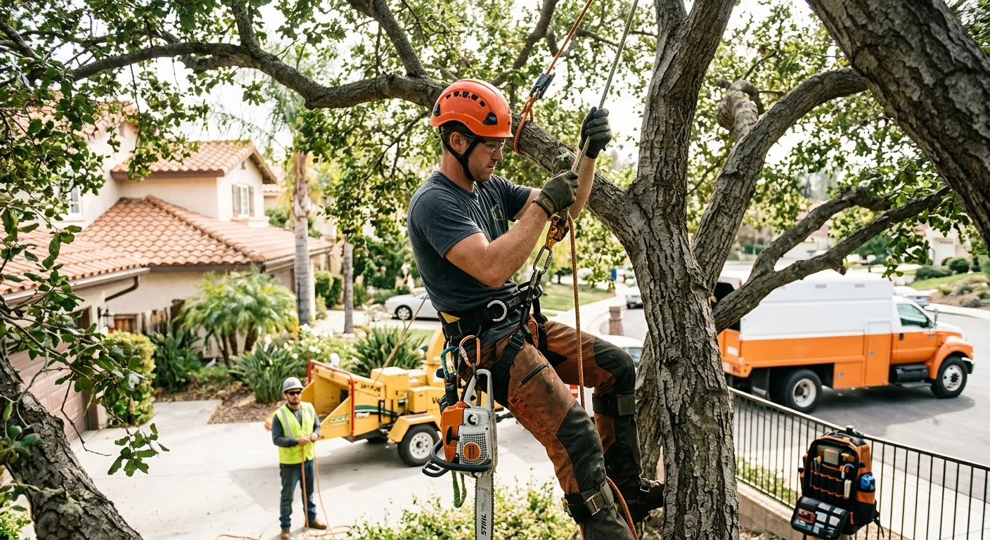 Climber ascending with rope and harness to reach upper canopy limbs