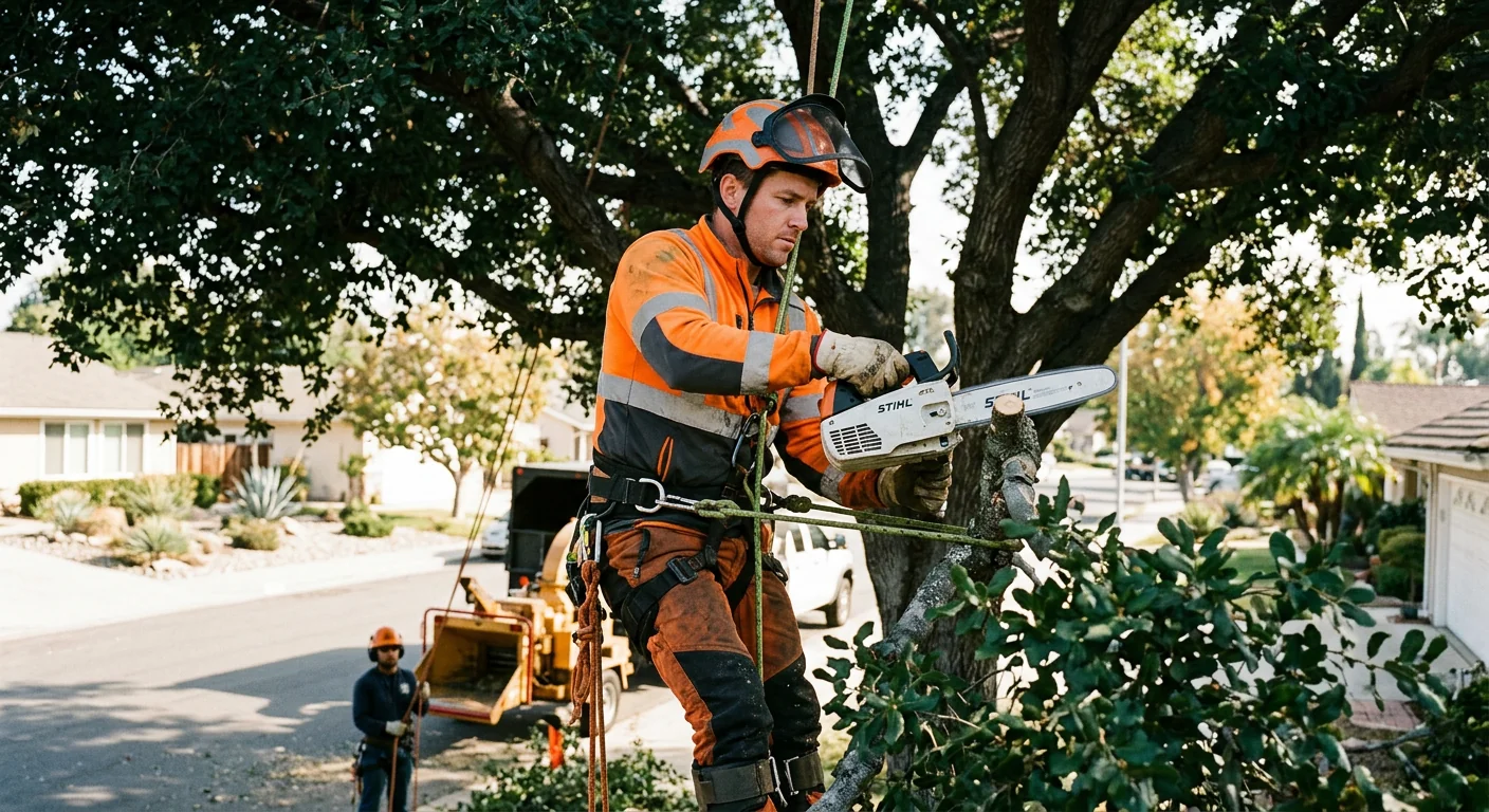 Arborist making directional pruning cuts on a mature canopy in Camarillo