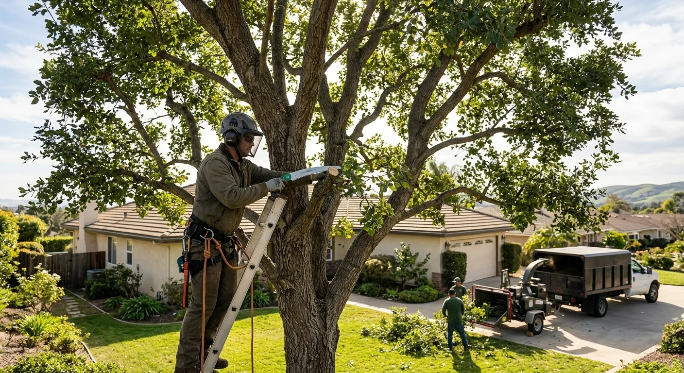 Balanced tree crown after scheduled seasonal trimming on a residential property